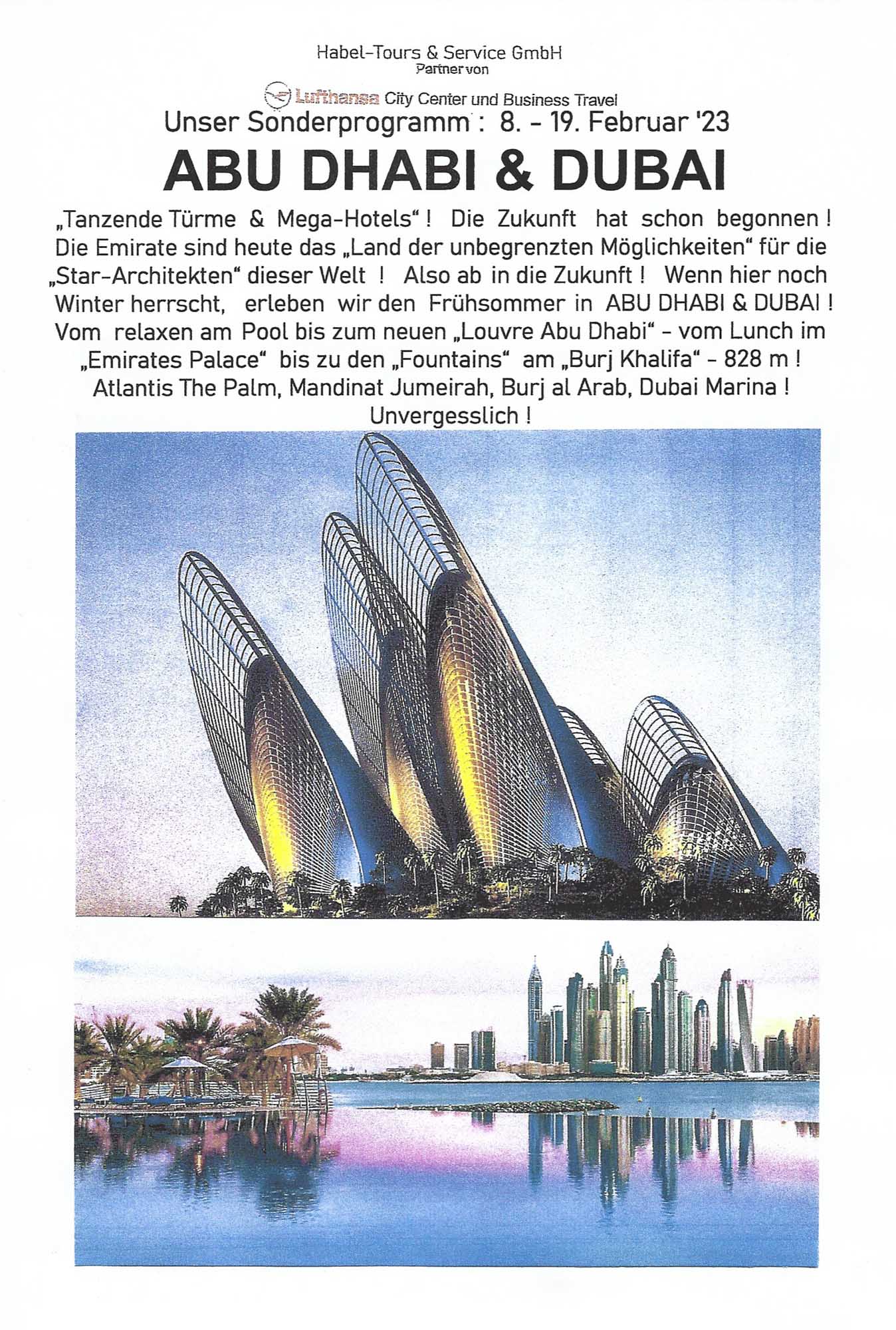 Teaserplakat für die Reise nach Abu Dhabi und Dubai im Februar 2023